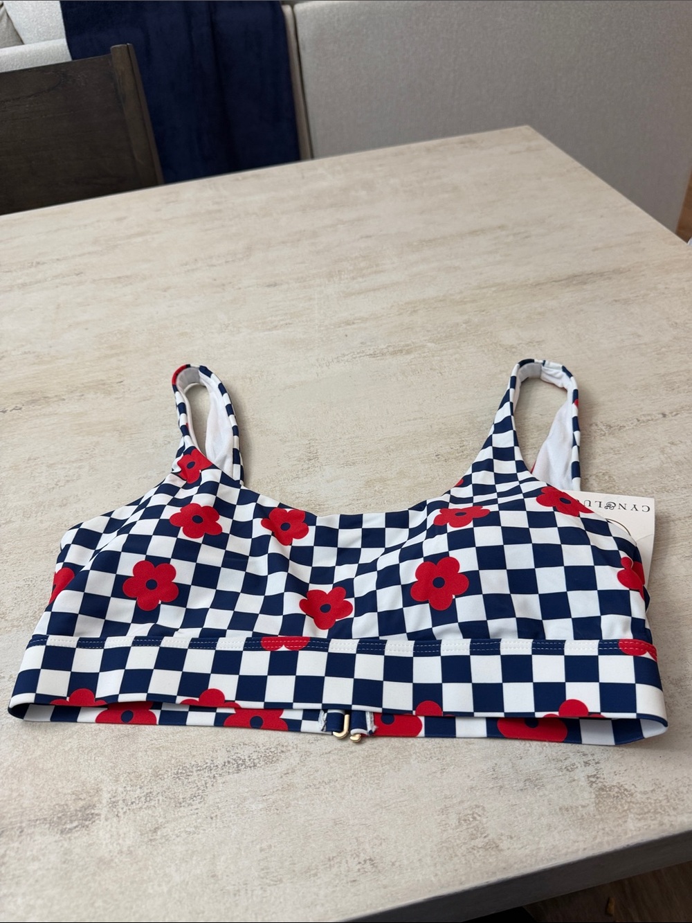 CYN & Luca Navy & White Check Floral Bikini Top - Red Flower